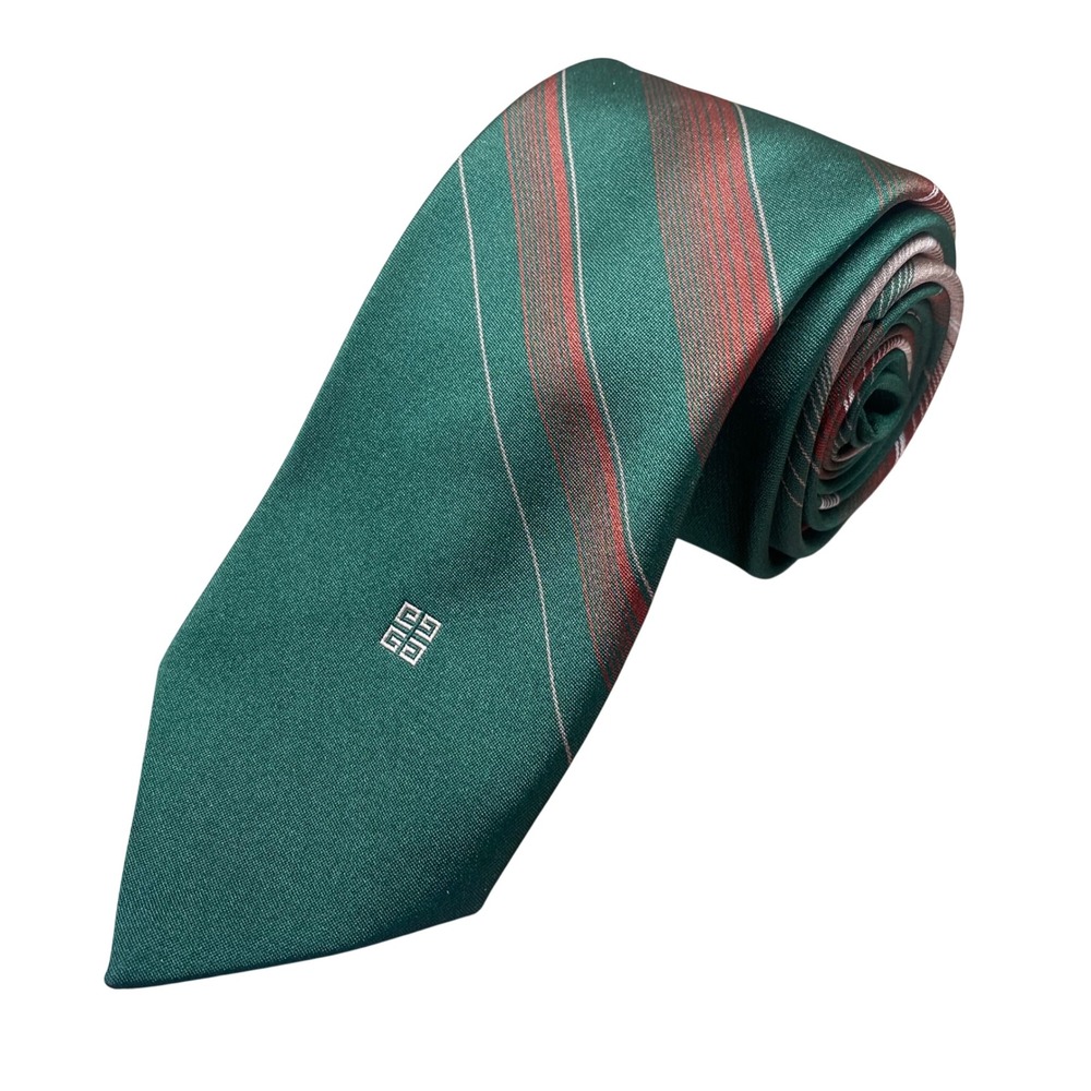 Vintage Givenchy Tie Extra Long Embroidered 4G Italy Striped Mens Green Designer